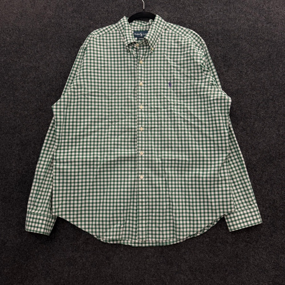 Vintage Ralph Lauren Gingham Shirt Mens XL Green White Check Button Down Pony